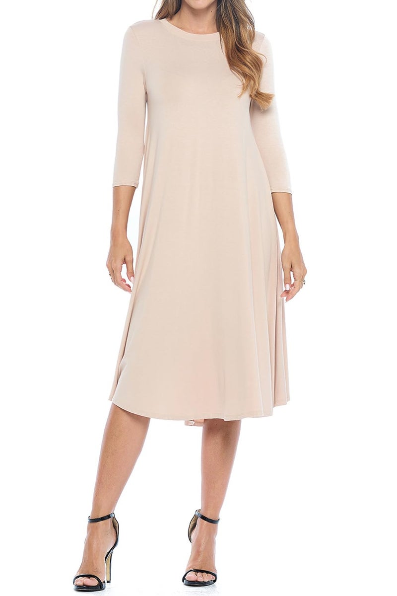 iconic luxe Women's Swing Midi Dress â€“ 3/4 Sleeve Flowy A-Line Tunic â€“ Soft, Stretchy, Comfortable, and Versatile Casual Dress for Everyday Wear X-Large Mocha - Image 2